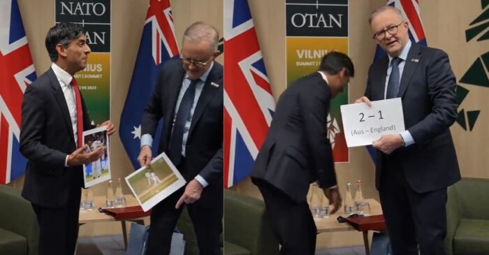 एशेज सीरीज को लेकर इंग्‍लैंड और ऑस्‍ट्रेलिया के प्रधानमंत्री ने आमने – सामने आ कर एक दूसरे पर कसा तंज; वीडियो वायरल