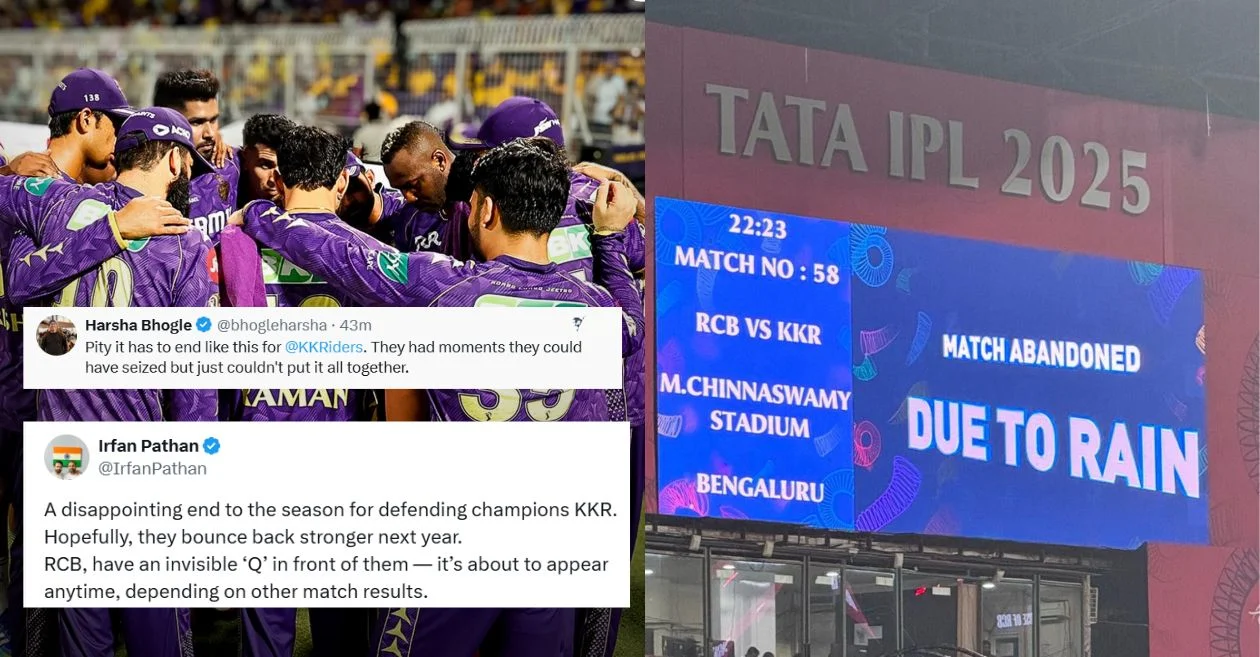 आईपीएल 2025: बारिश के कारण RCB बनाम KKR मैच रद्द, डिफेंडिंग चैंपियंस के प्लेऑफ से बाहर होने पर प्रशंसकों की प्रतिक्रिया