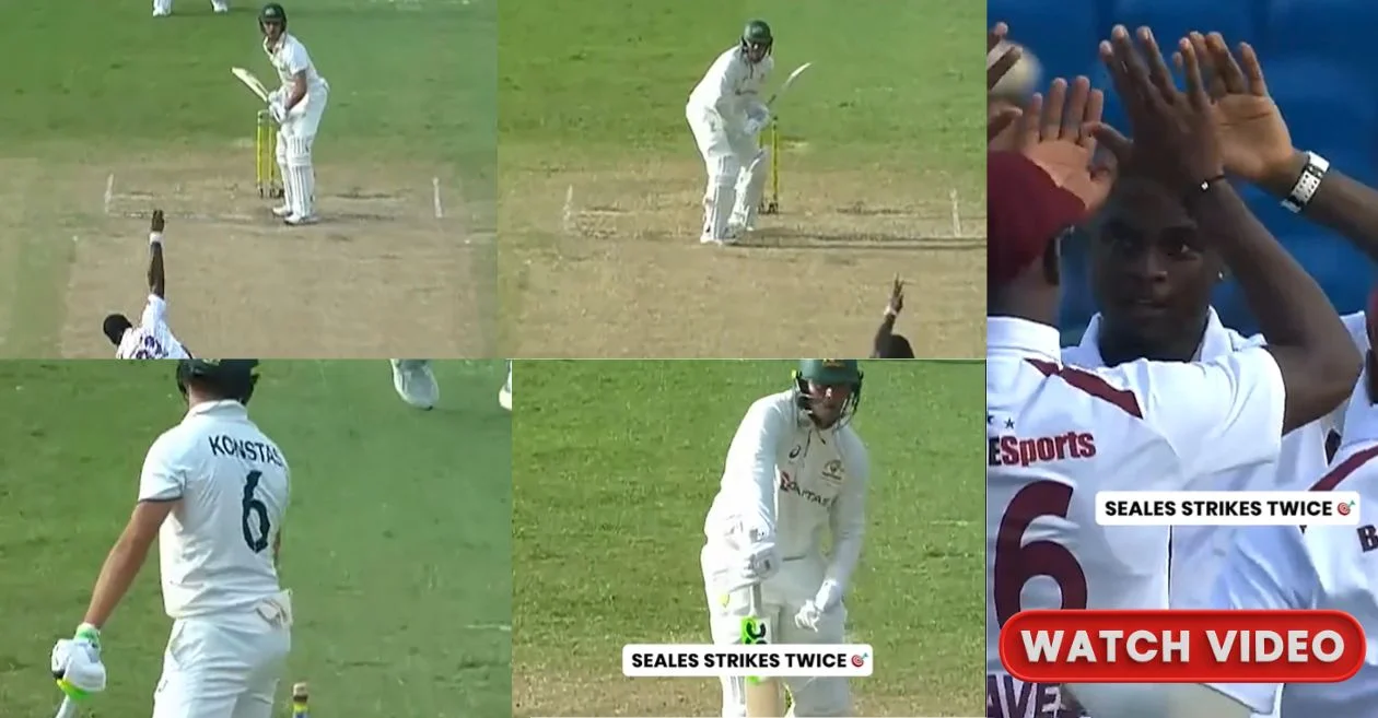 WI vs AUS: जेडन सील्स का कहर! स्टंप्स से पहले दो विकेट लेकर ऑस्ट्रेलिया को दिया बड़ा झटका; VIDEO